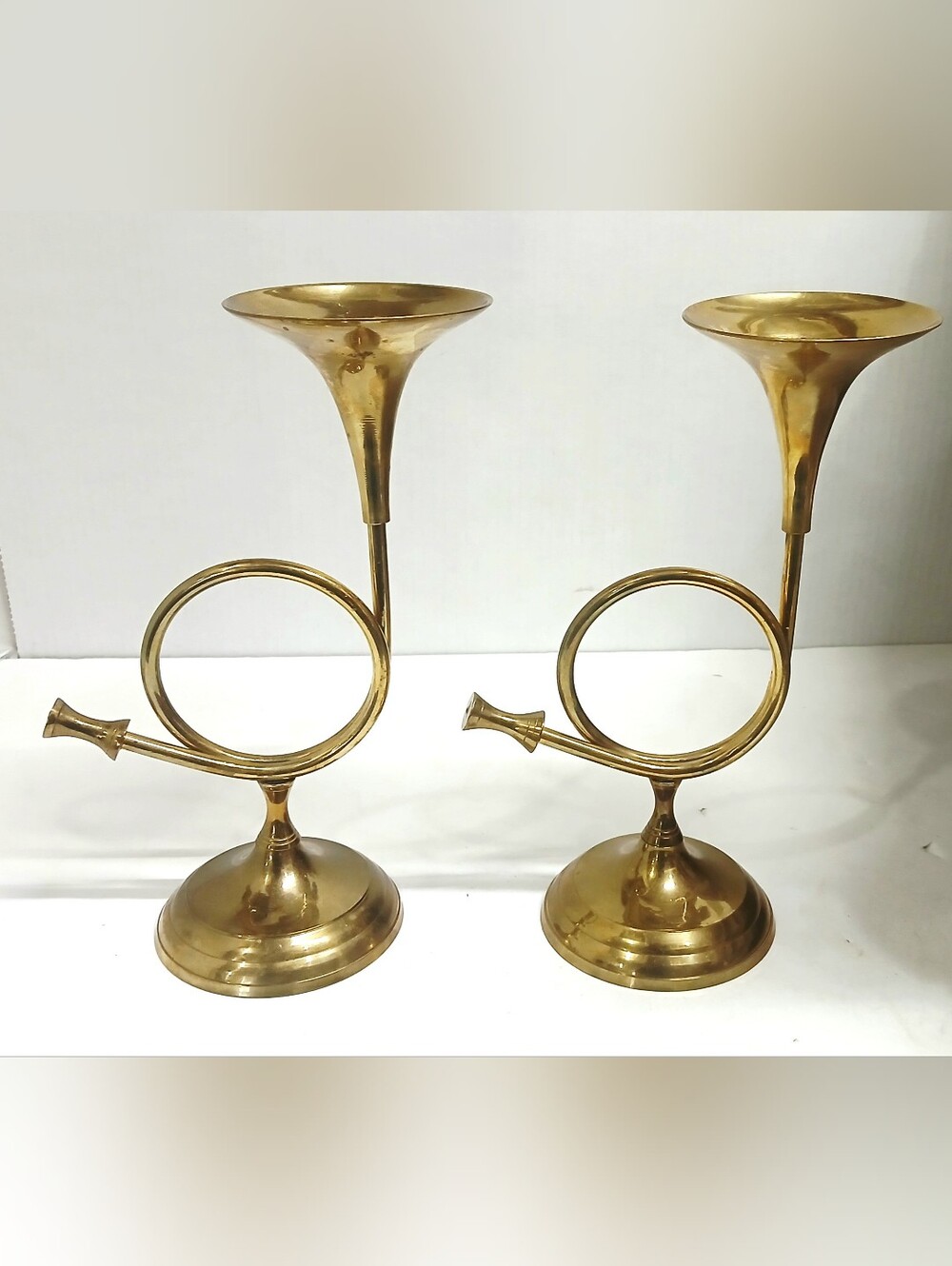Vintage Brass Horn-Shaped Candle Holders - Pair